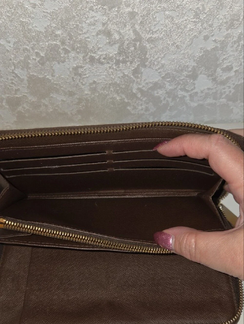 Louis Vuitton Brown Textured Leather Wallet Organazer with Red Logo Stamp